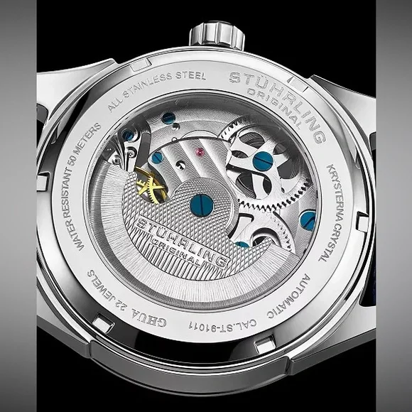 Stuhrling Men's Blue Automatic Skeleton Alligator Embossed Leather Watch 42mm - Picture 2 of 9